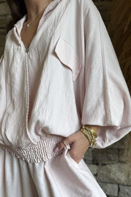 Basso Button Drape Batwing Shirt Seashell